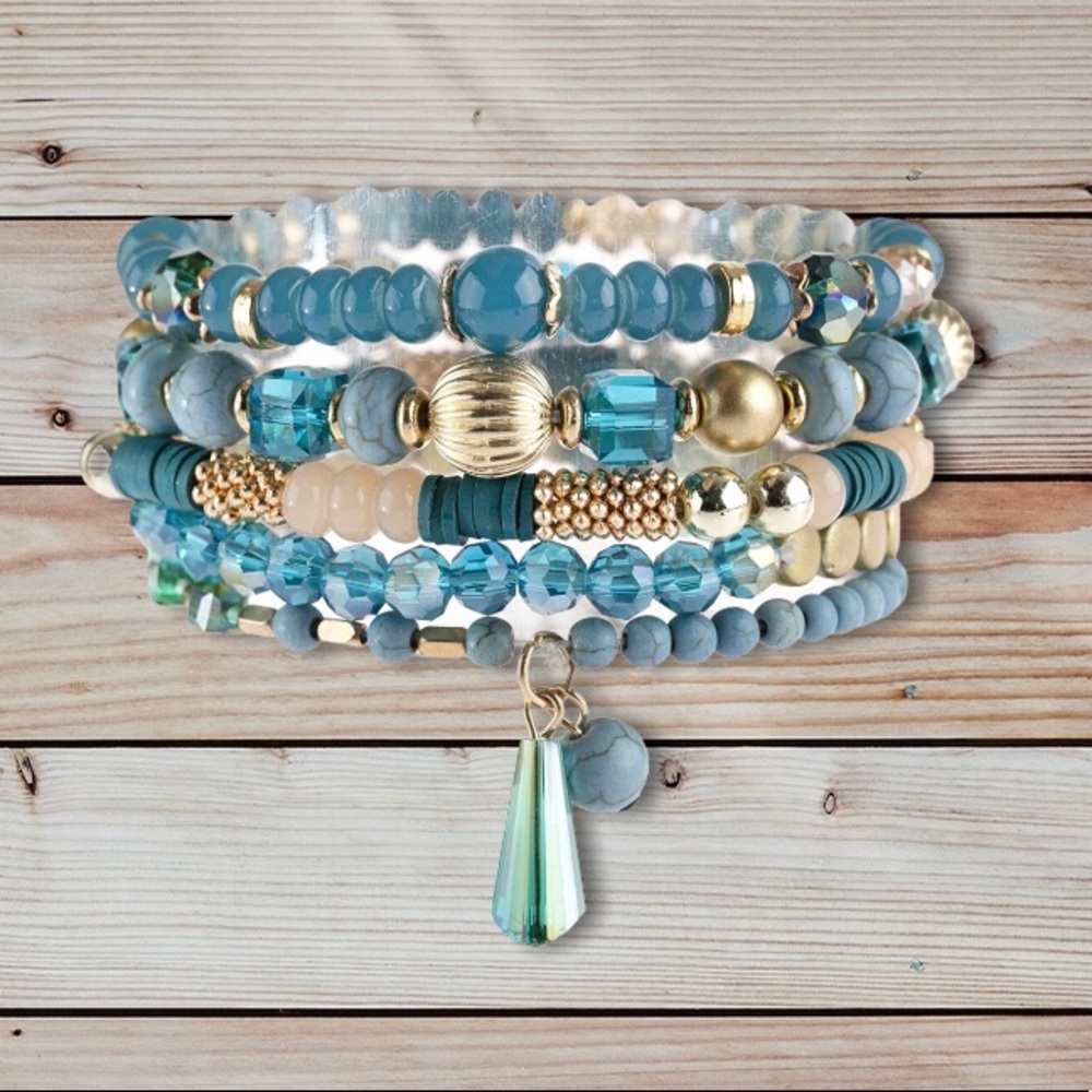 Stacked Bracelets (5) Natural Blues Bead Mix NWT